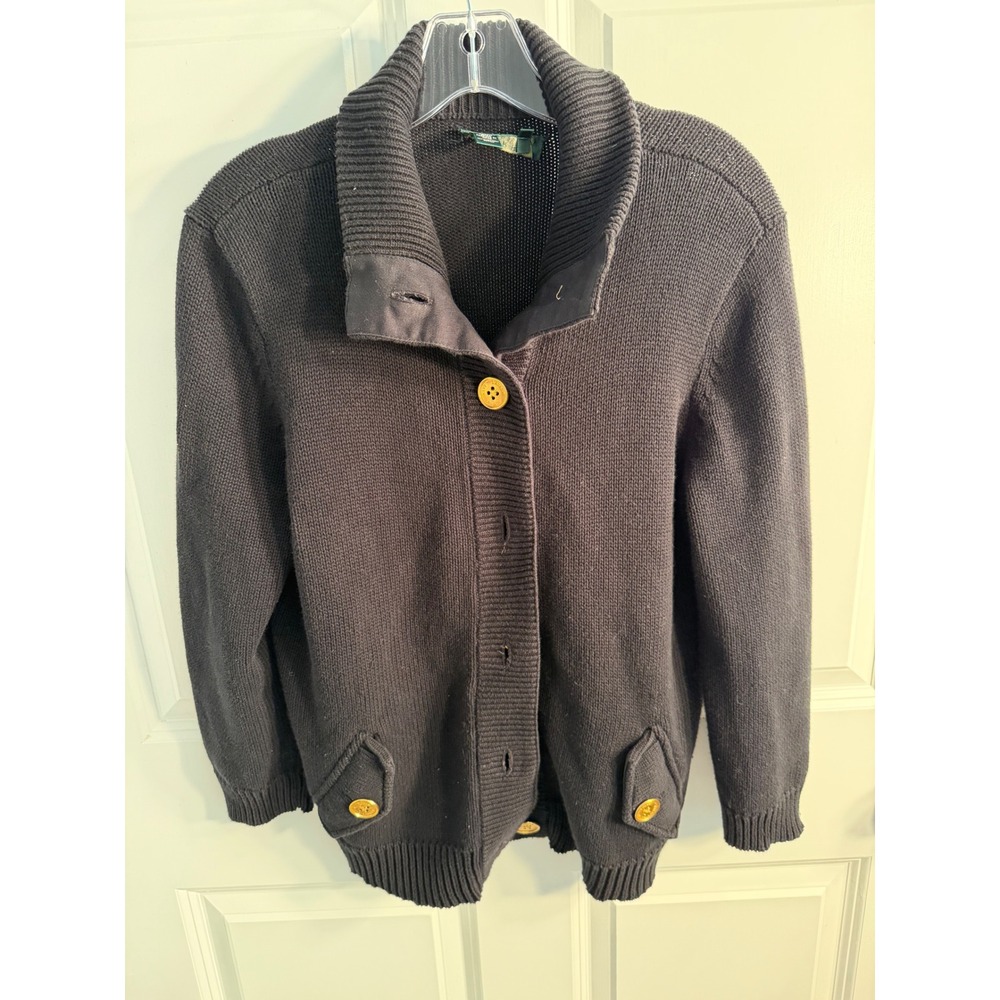 Lauren Ralph Lauren Petite Black Cotton Knit Shawl Collar Cardigan Sweater P/L